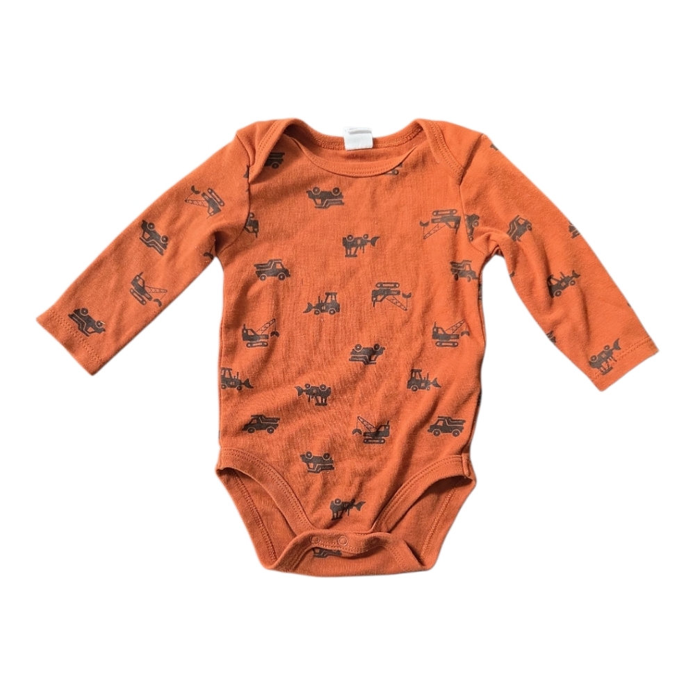 PL Baby Orange Long Sleeve Bodysuit 6M Construction Truck Print